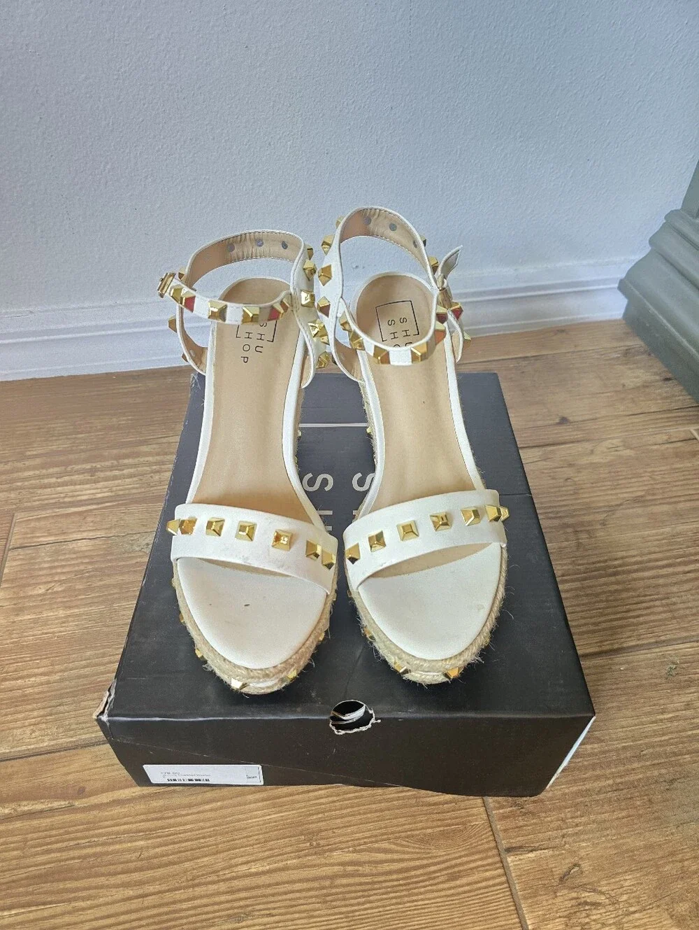Gold Studded White Espadrille Wedges